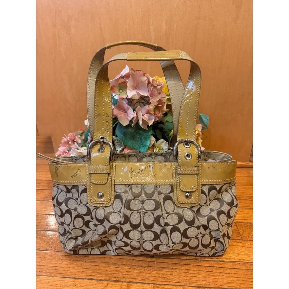 as is COACH SOHO SIGNATURE BROWN PLEATED TOTE BAG PURSE #F13742 (PU100